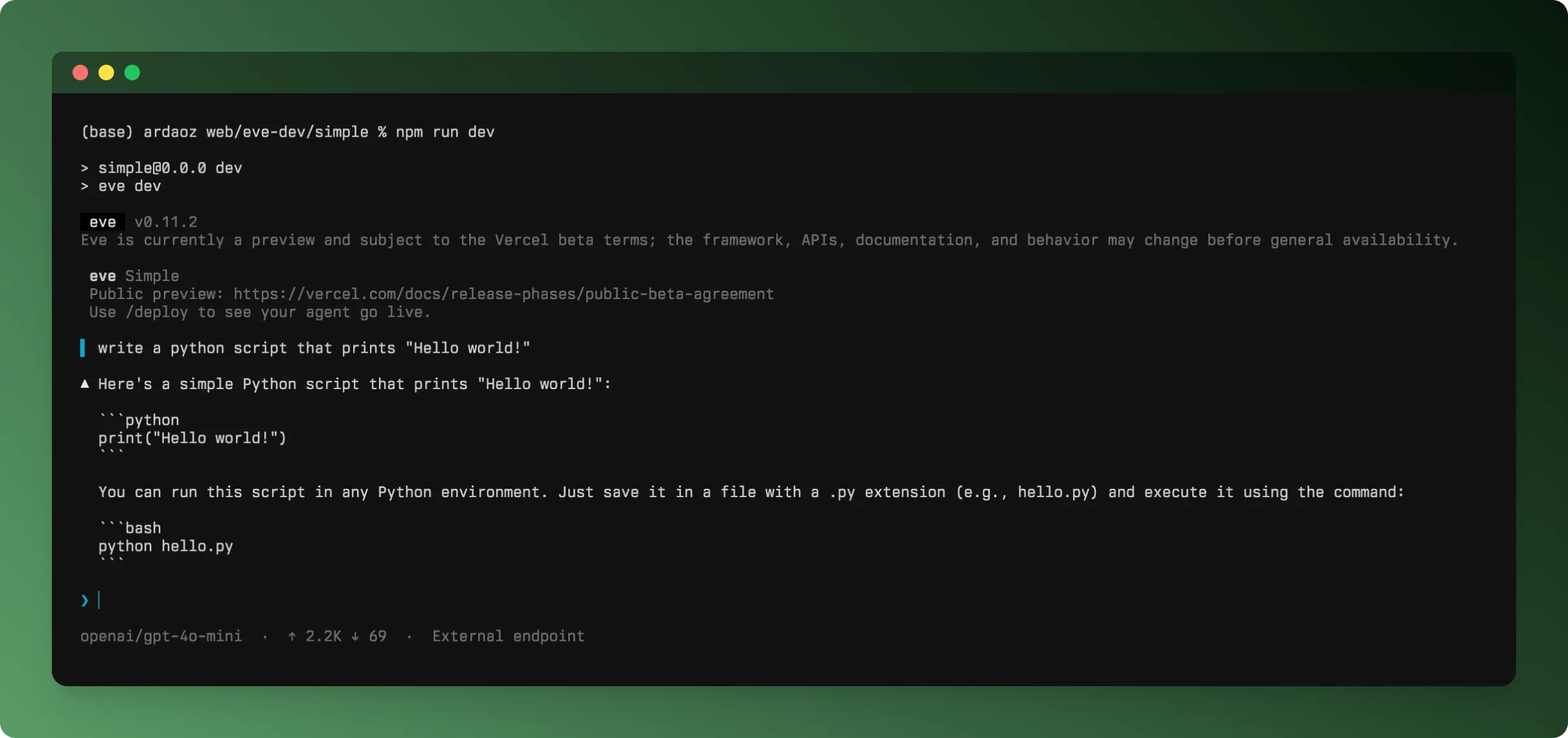 The eve dev terminal UI