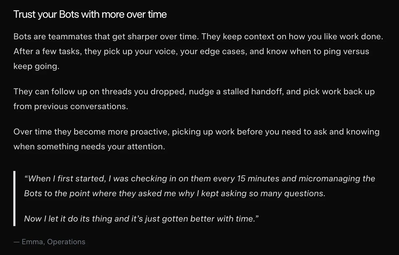 The "Trust your Bots with more over time" section of the Grok Bot launch post, ending with a customer quote about no longer checking in on the bots