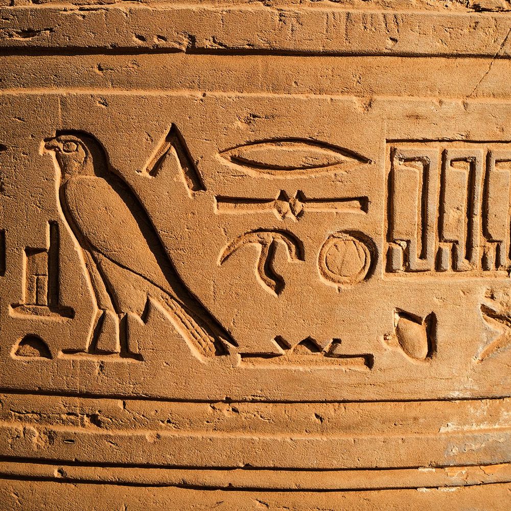 Close-up of carved hieroglyphs in warm sandstone: a falcon, a reed, an eye