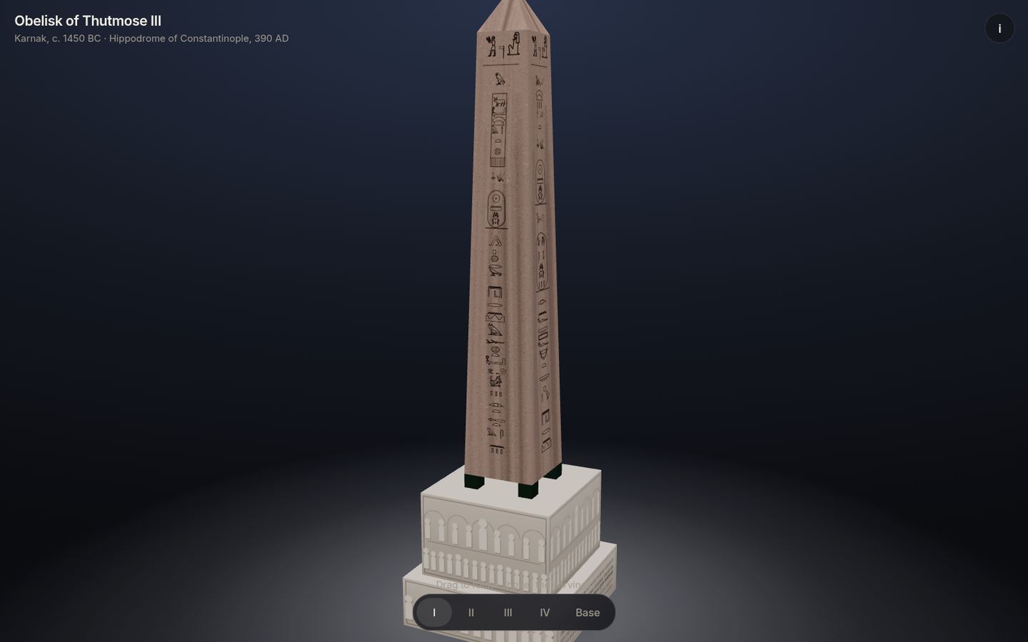 The first version: a shaded 3D obelisk on a dark background with floating pill buttons